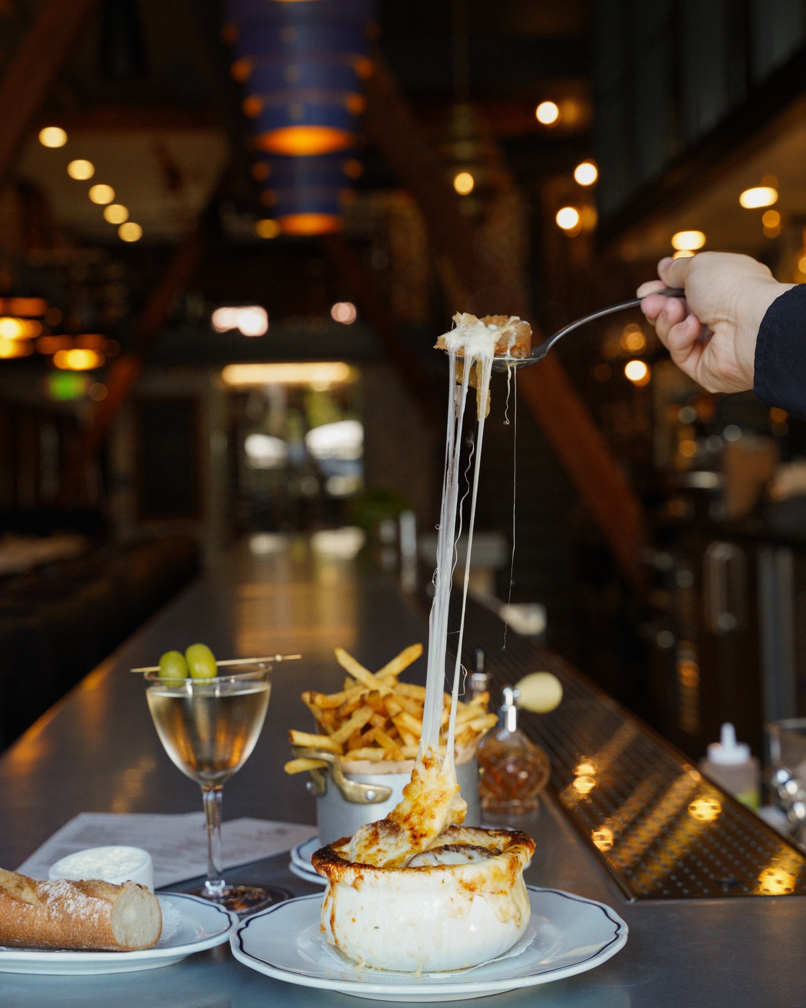 Almost had to get a ladder for this cheese pull!
Onion Soup Gratinée, Gruyère Cheese, Calvados, Cozy