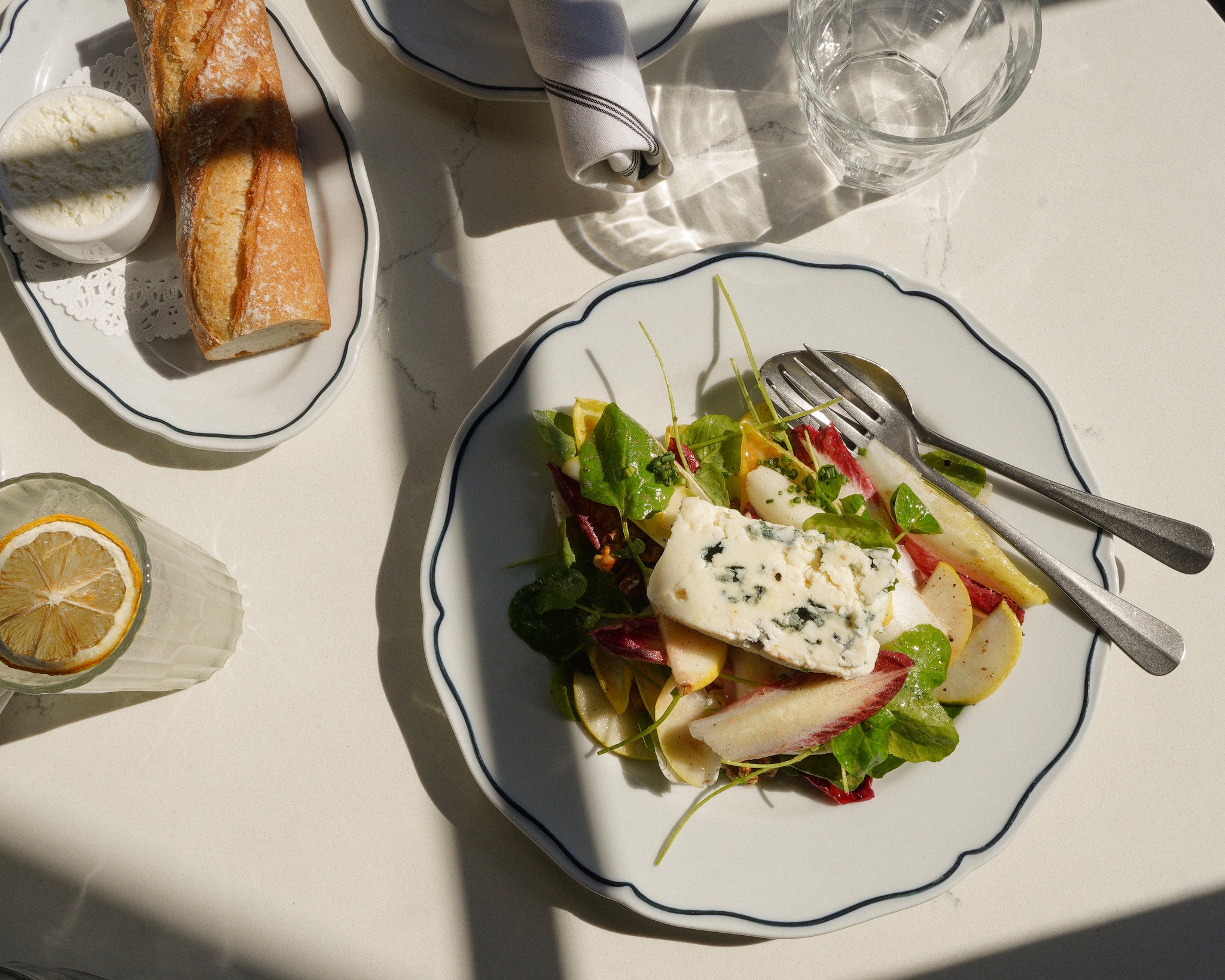 The perfect fall salad does not exi-
Endive, Pear, Walnut & Roquefort, Banyuls Vinaigrette