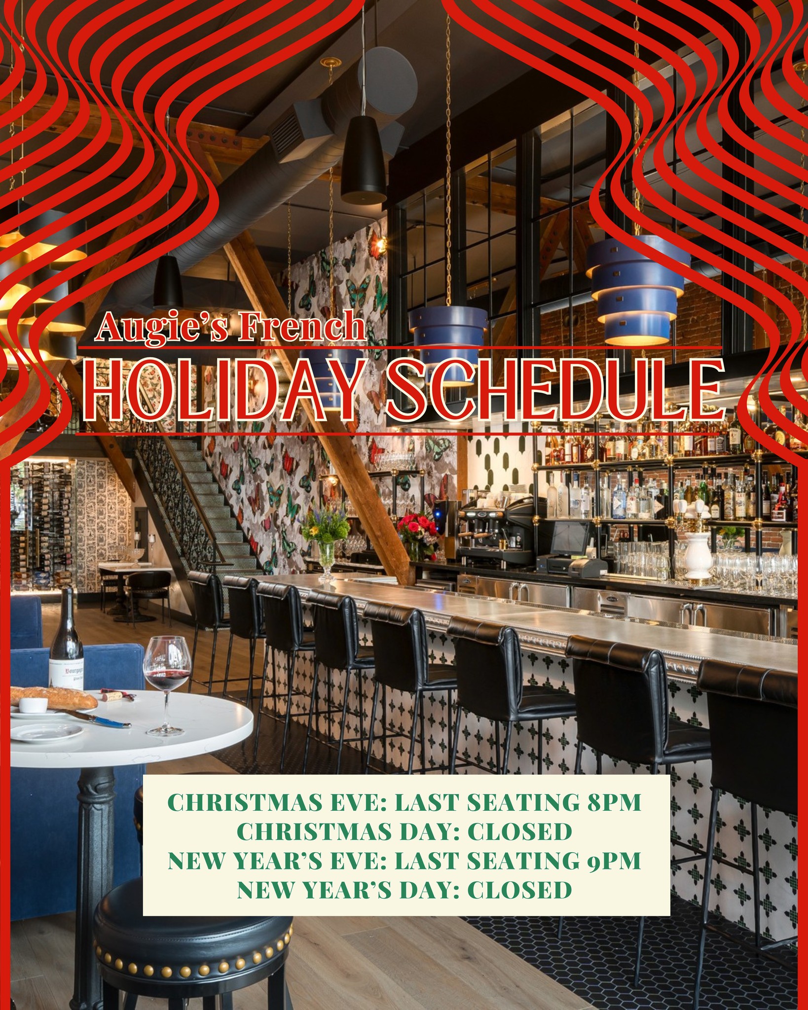 Happy Holidays from all of us at Augie’s French! 🐌✨ We’re here through Christmas Eve 🎄 and New Year’s Eve—let’s toast to a cozy and magnifique 2025. 🥂