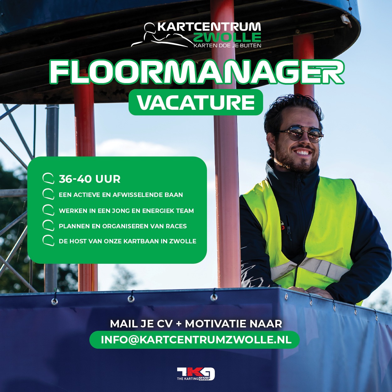 Wij zoeken een Floormanager voor Kartcentrum Zwolle 🏎️<br />
Je geeft leiding aan het team, bewaakt de planning en zorgt ervoor dat elke gast met een glimlach vertrekt.<br />
<br />
Mail je CV + motivatie naar info@kartcentrumzwolle.nl