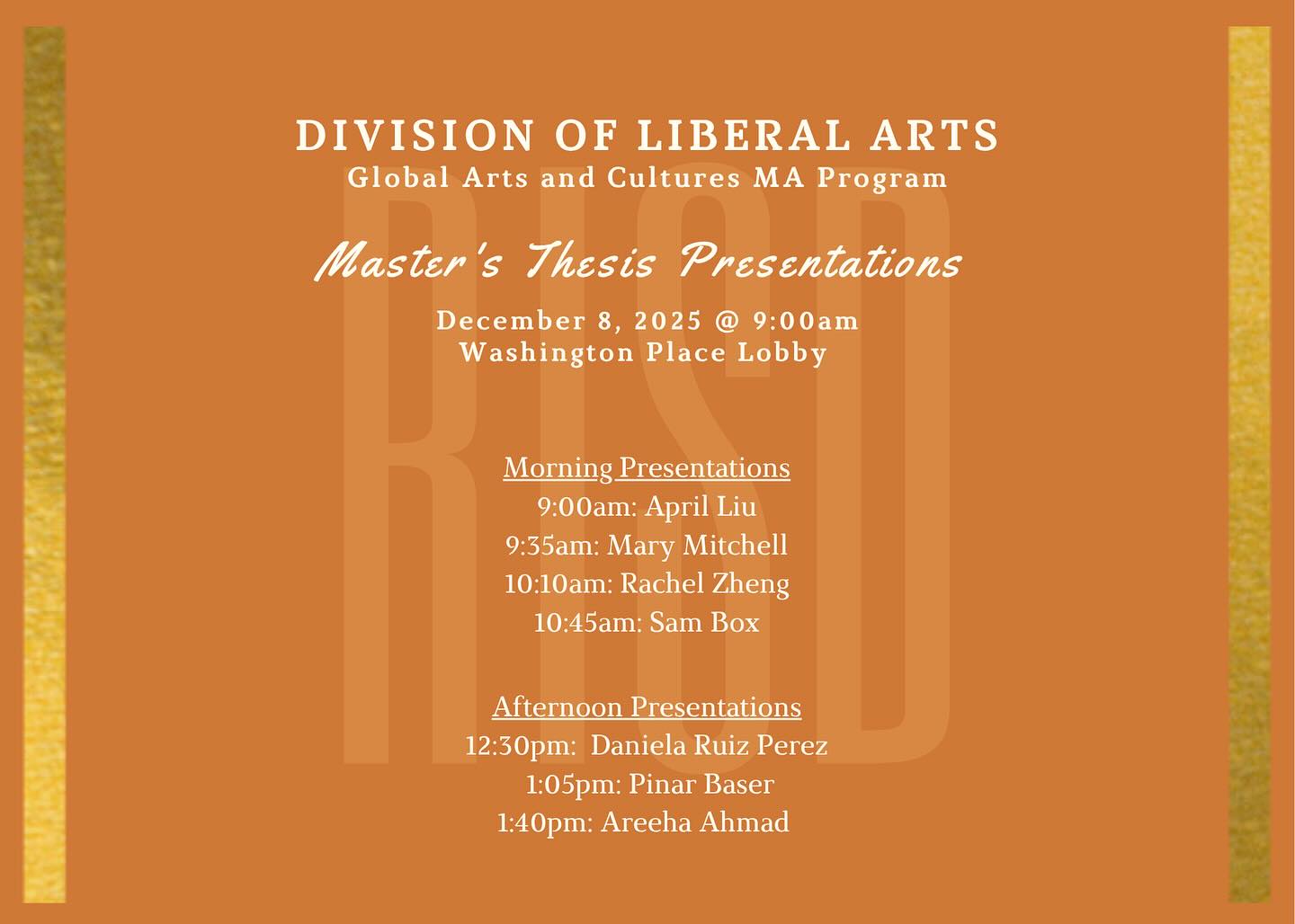 Save the date for December 8th!
Mark your calendar for the Global Arts and Cultures Class of 2025 Master’s Thesis Presentations. We look forward to seeing you there to join us in supporting and celebrating the exciting work of our graduating cohort.